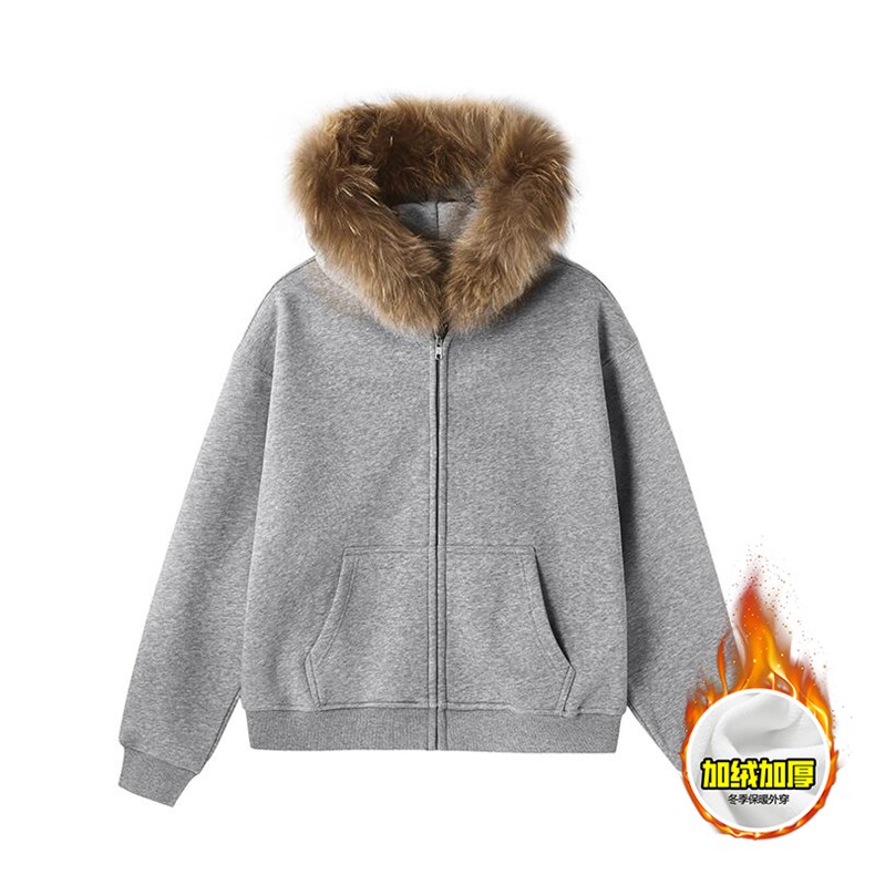 480G重磅加绒硬挺boxy秋冬美式高街超大毛领座山雕连帽卫衣厚外套，女装短外套，电商A486-1