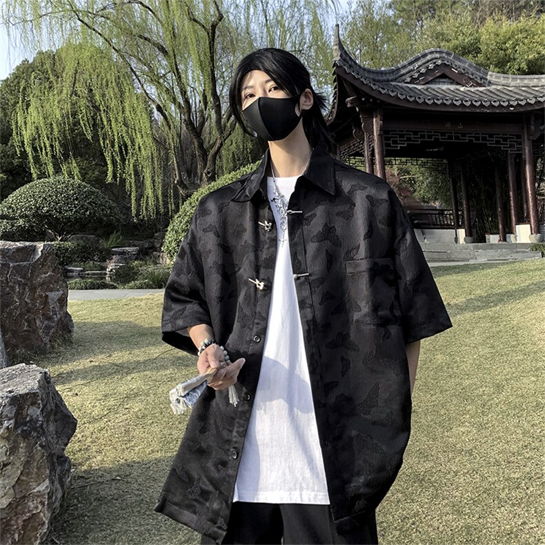 盘扣提花短袖衬衫男夏季装加肥加大码潮胖人宽松休闲衬衣外搭,男装衬衫,星座410-7