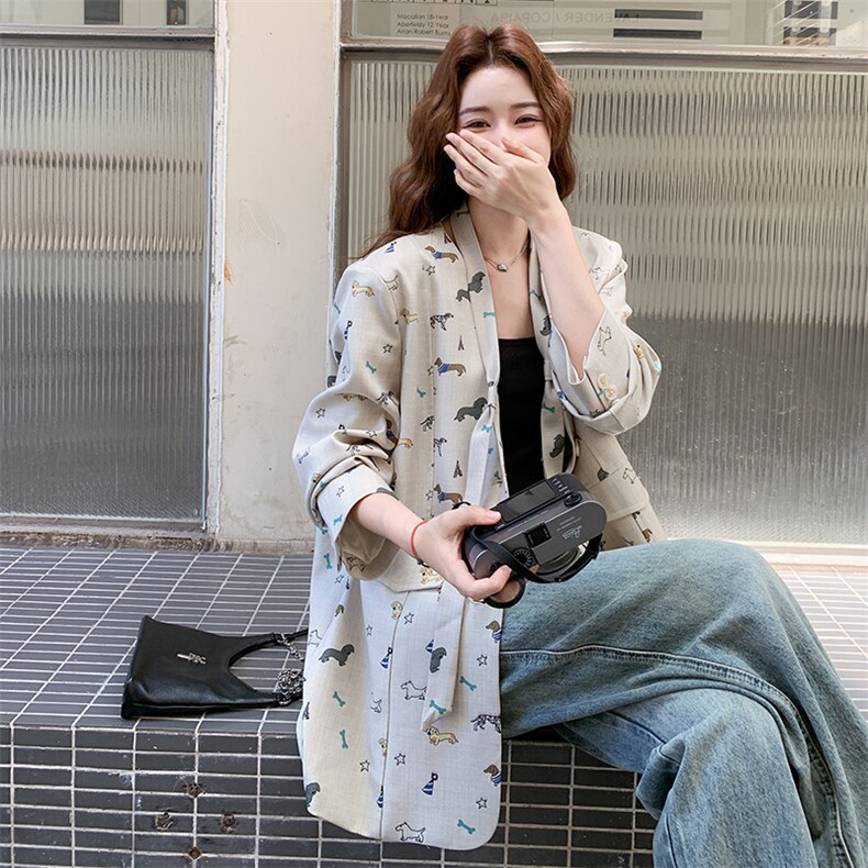 设计感卡通涂鸦印花西装外套女2025秋季新款韩系气质高级感小西服,女装西装,2C317A