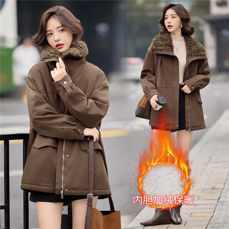 咖色羊羔毛翻领加绒派克服女2025冬季中长款加厚保暖收腰棉服外套,女装短外套,E百度