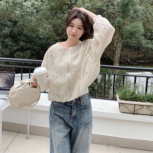 现货米杏色超好看时尚防晒蕾丝女2025早春新款韩版小个子别致上衣图片