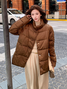 短款立领拼接袖简中式一手长加厚羽绒服女宽松保暖外套图片