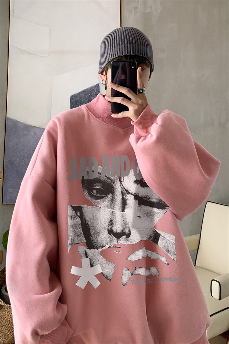 加绒加厚高领卫衣抽象印花落肩袖情侣款打底衫男XZ514-2-G81-P48,男装T恤,星座514-2(原B239)