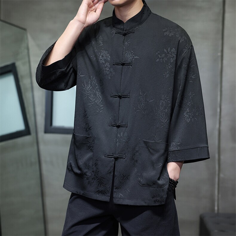 2025夏季新款男士风竹子提花衬衫宽松大码立领上衣CS2503-P70,男装衬衫,电商A008