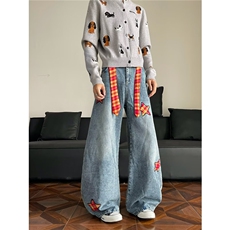 美式复古星星贴布绣带格纹腰带弯刀牛仔裤阔腿裤子NZ801-P55，男装牛仔裤，星座308B-2