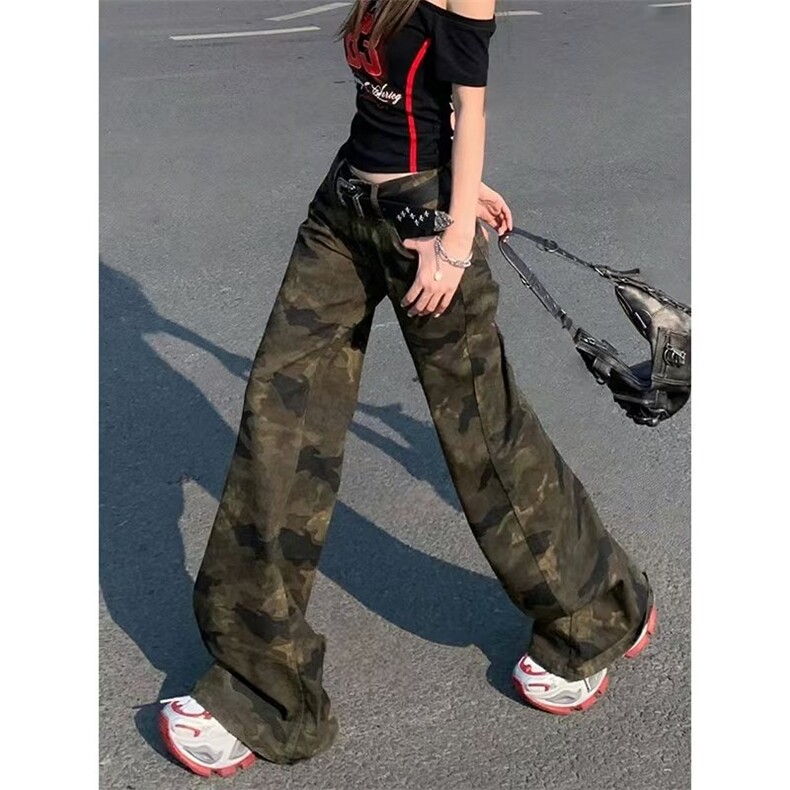 美式迷彩微喇低腰牛仔裤女2025夏季新款复古显瘦不贴腿工装喇叭裤，男装牛仔裤，星座506A