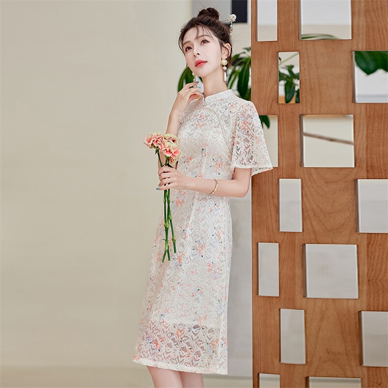 新中式绣花蕾丝连衣裙女夏季2024新款年轻款少女气质改良旗袍裙子,女装连衣裙,利佳可人