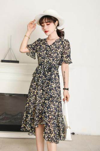 雪纺纱小碎花不规则裙摆连衣裙沙滩裙，女装连衣裙，菲雪妮