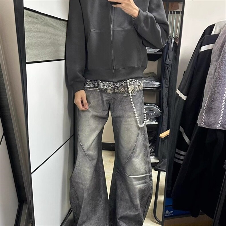 美式腰带印花牛仔裤男宽松慵懒松弛感镰刀裤潮牌廓形设计感阔腿裤图片