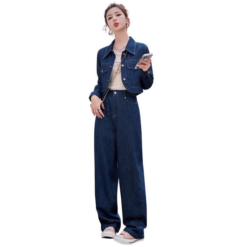 时尚高端休闲牛仔套装女2024年春秋季新款高腰直筒阔腿长裤两件套,女装套装/套裙,瑶迪依秀