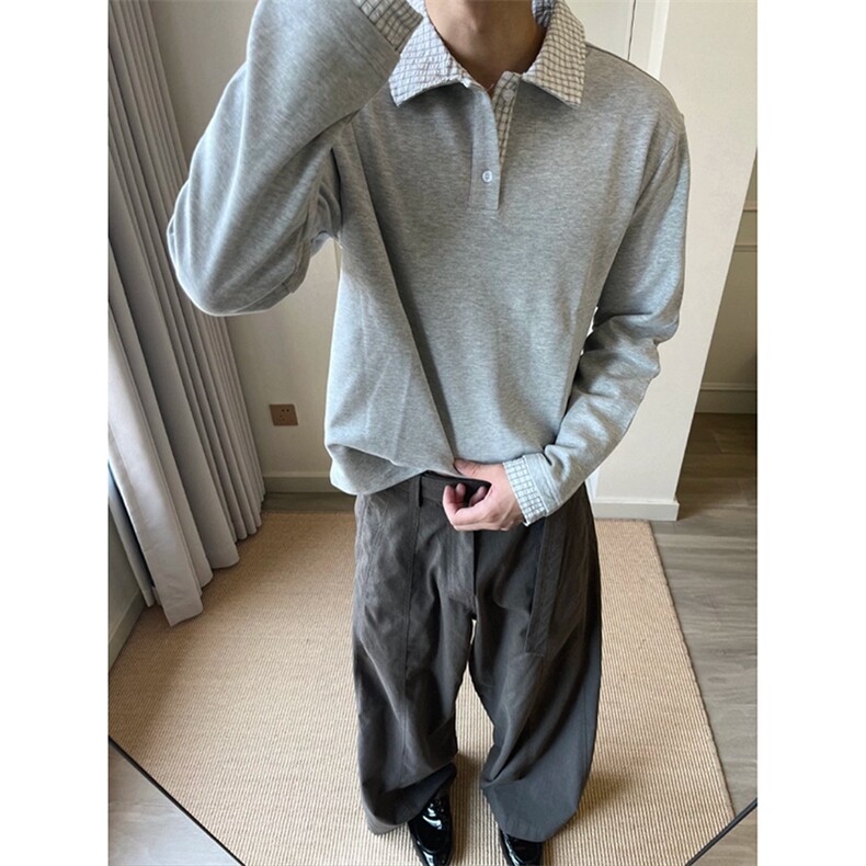 假两件polo衫长袖卫衣男秋季cleanfit格子拼接正肩卫衣T恤，男装T恤，星座410-6（原星座1304-1）