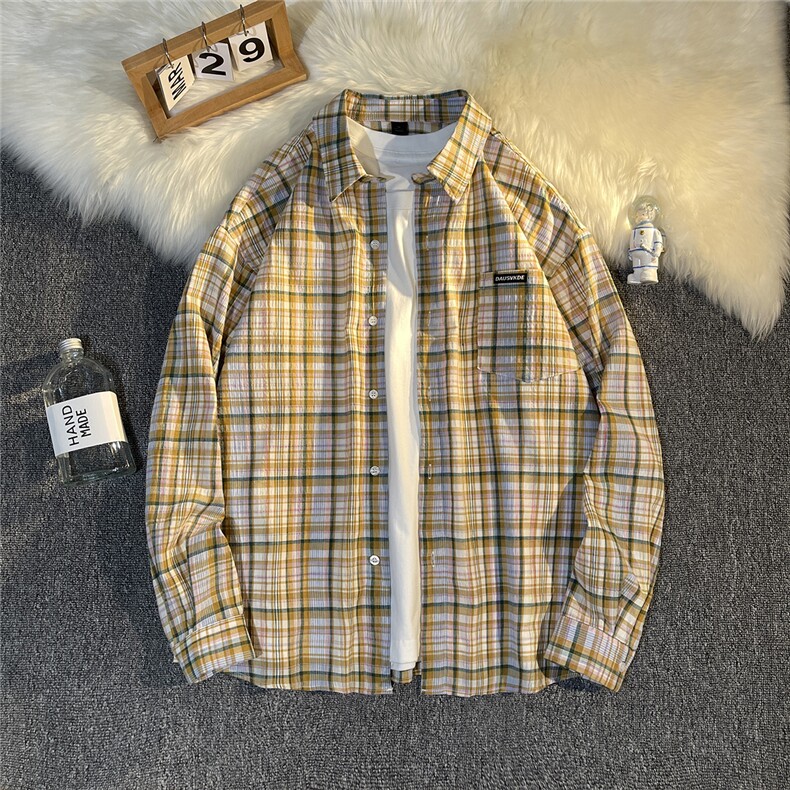 B413-1-DX876日系格子长袖衬衫男女春秋款复古休闲翻领衬衣外套,男装衬衫,电商B413-1