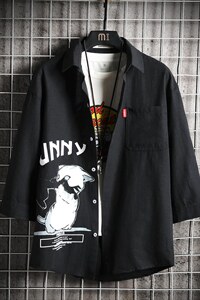 2023年夏季新款日系网格挂拍男猫咪印花宽松七分袖衬衫C3005-P45,男装衬衫,电商A082
