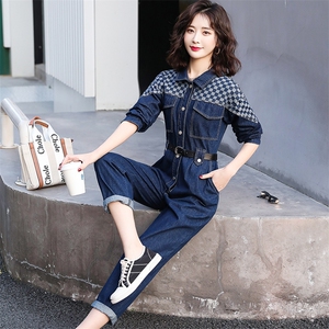 牛仔工装连体裤女2025春秋新款拼接格子高级感时尚流行连衣裤图片