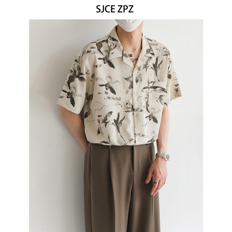夏威夷沙滩衬衫男短袖夏季美式复古扎染痞帅冰丝花衬衣CS538-P35,男装衬衫,星座302B-2
