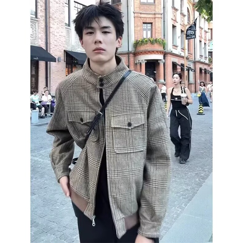 美式复古千鸟格毛呢外套时尚痞帅休闲潮牌男夹克513AJK2421P67,男装夹克,星座513A