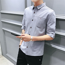 100%棉2021夏装新款短袖衬衫男纯色休闲五分袖中袖衬衣CS006，男装衬衫，电商D240-242