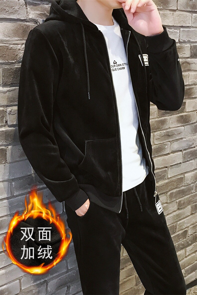 秋冬加绒加厚两件套运动连帽金丝绒开衫卫衣套装男TZ41,男装卫衣,电商A441