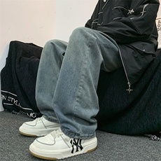 男女高街中性风复古蓝直筒显瘦牛仔裤宽松阔腿裤N6049-P45，男装牛仔裤，星座308B-1