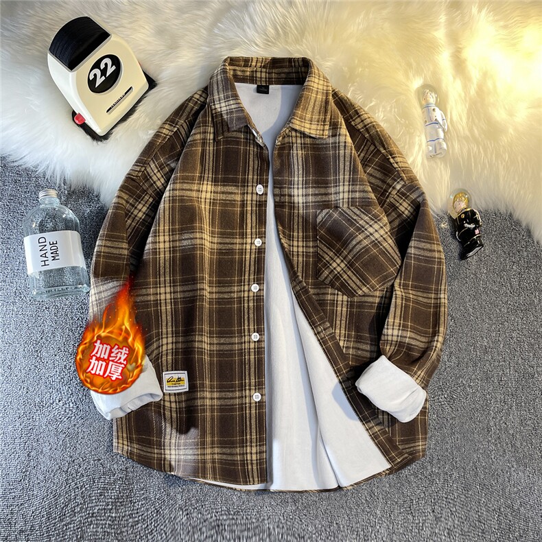 加绒加厚保暖格子衬衫男长袖宽松休闲衬衣港风JR5666P5079，男装衬衫，电商B413-1