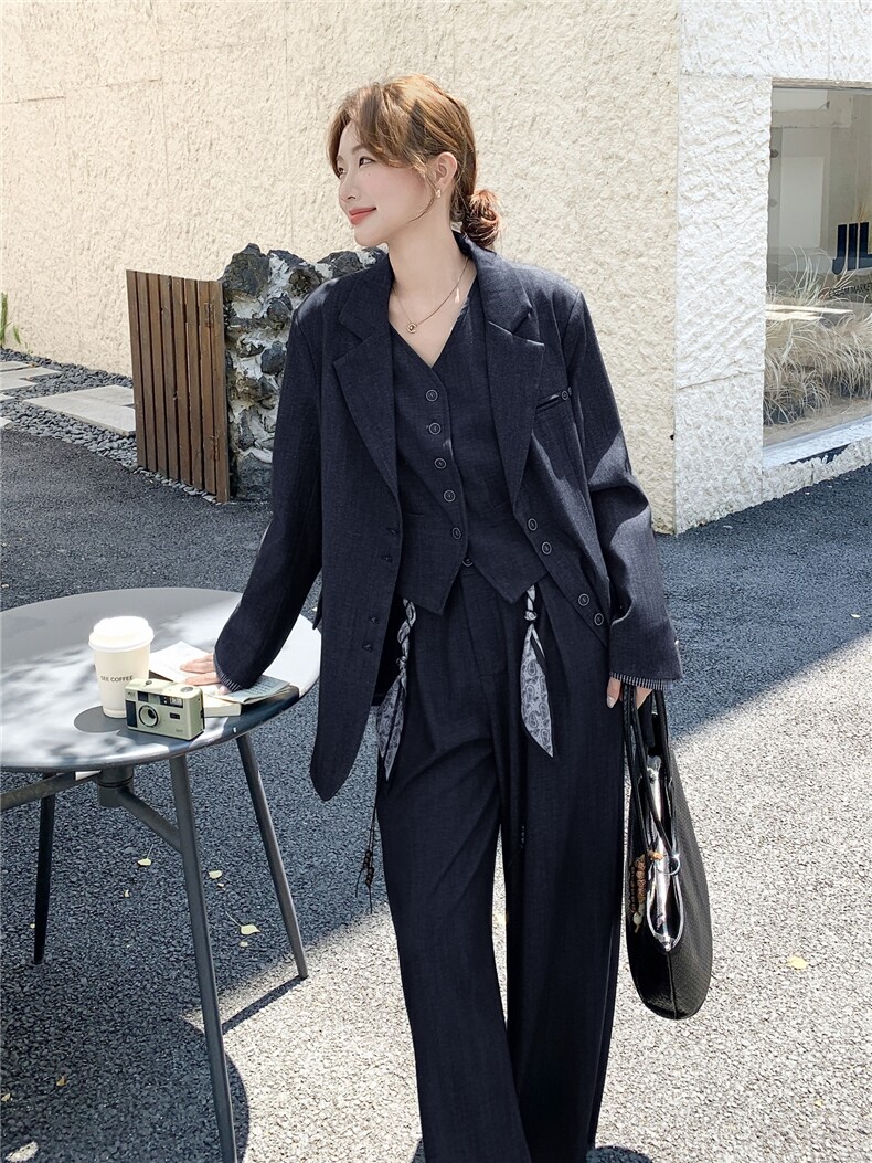 藏青色气质西装马甲阔腿裤套装女春秋高级感巨好看大方得体三件套,女装套装/套裙,慧尚依恋