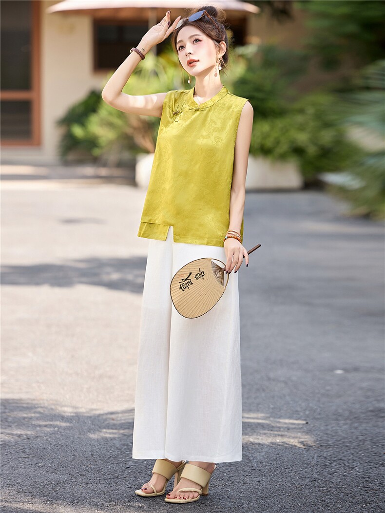 新中式无袖套装女夏季2025新款高端刺绣上衣天丝亚麻阔腿裤两件套,女装套装/套裙,丽影随形