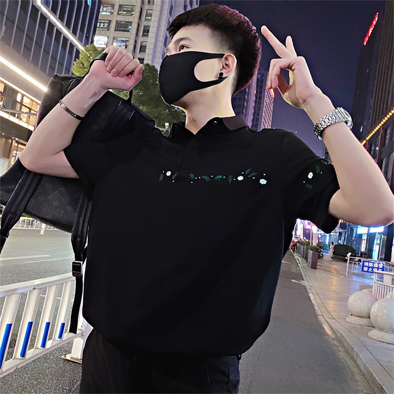 1005/特P58控78夏季社会小伙蜂巢透气网简约小刺绣短袖T恤男黑首2,男装T恤,星座305B-1