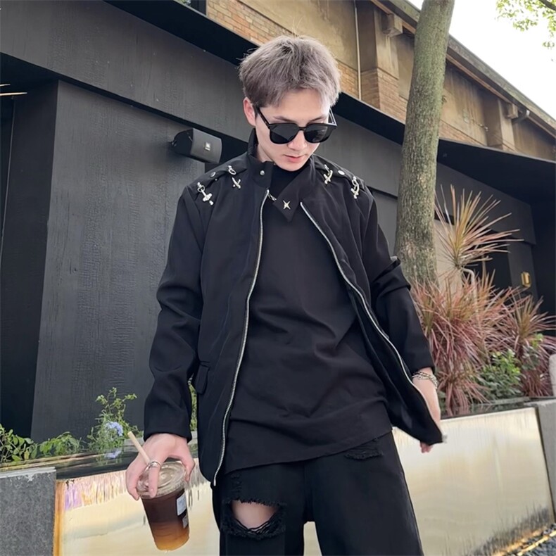 秋新款痞帅男士飞机扣金属垫肩西装暗黑胸棉拉链夹克JK117-P75图片