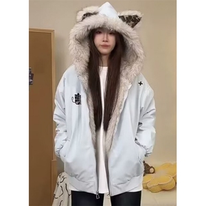 潮毛领连帽仿兔毛座山雕棉服短宽棉衣派克服流行 MYS604图片
