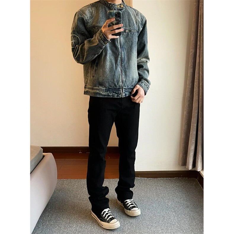 美式复古做旧水洗牛仔外套男立领拉链刺绣机车夹克男JK3162,男装夹克,星座1116A（原606A-3）