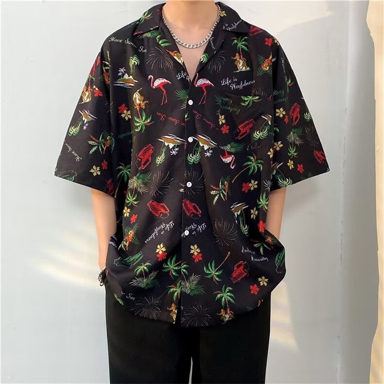 日系五分袖春夏季新款衬衫潮流慵懒男方领宽松型衬衫C1323P30,男装衬衫,星座1116-2