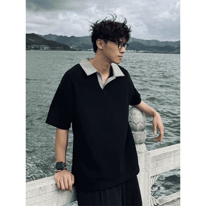 得物抖音高品质二开 夏季美式潮牌假两件格子衬衫翻领高街短袖T恤图片