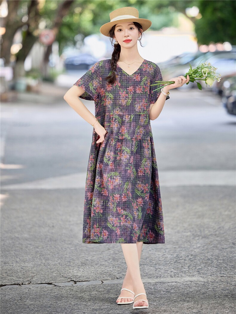 休闲宽松紫色碎花棉麻连衣裙女2026夏季洋气妈妈遮肚显瘦直筒裙子,女装连衣裙,倪叶myz