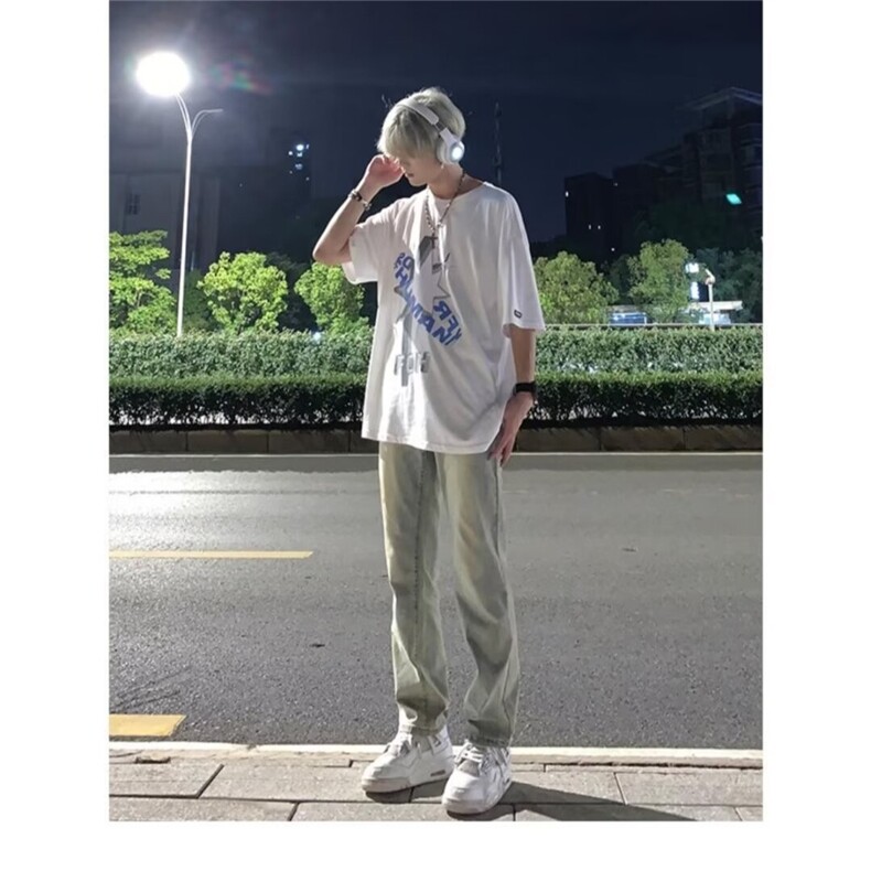 黄泥微喇叭牛仔裤男春秋季潮流百搭大码潮牌直筒修身美式高街裤子,男装牛仔裤,星座218-1（原230）