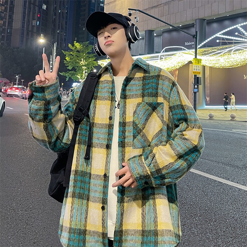 港风夜景男士大码休闲格子毛呢衬衫加厚男士外dsa012jk100p100图片
