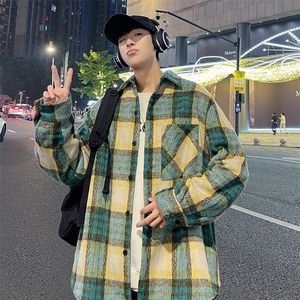 港风夜景男士大码休闲格子毛呢衬衫加厚男士外dsa012jk100p100图片