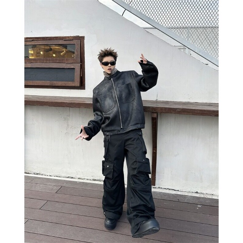 美式复古猎装皮衣外套男霜冻裂纹千鸟格垫肩短款夹克潮JK8563-P93，男装皮衣，星座1109-3