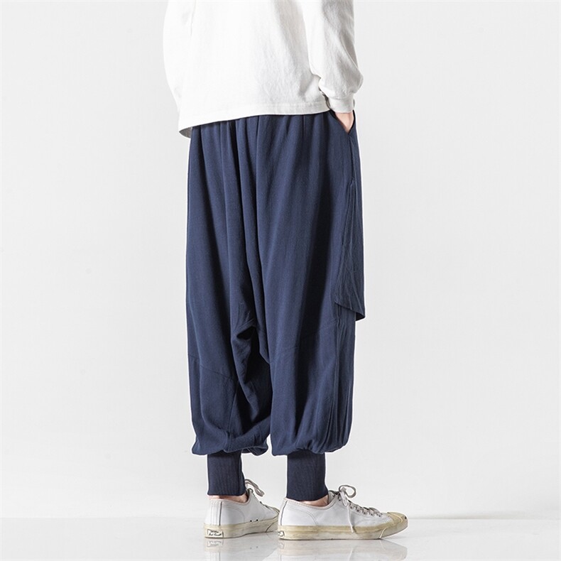 秋冬大码风仙鹤拼接棉麻裤汉服宋裤宽松休闲阔腿裤K113/P80,男装民族服装,钱塘713