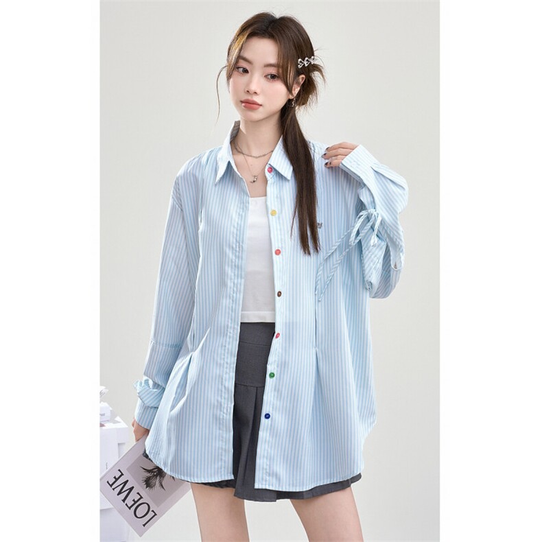 TC570-P45新款彩色纽扣系带条纹长袖防晒衬衫女薄款宽松衬衣外套,女装衬衫,星座617A-2