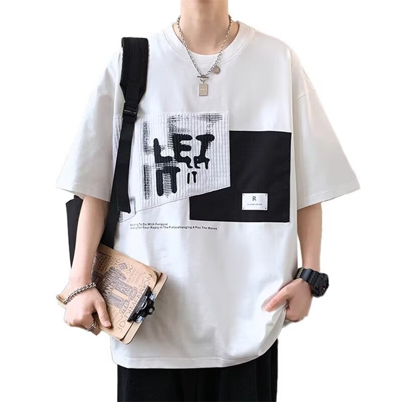 撞色拼接休闲宽松短袖T恤男士夏季潮牌潮流上衣服五分半袖体恤衫,男装T恤,星座1210-1