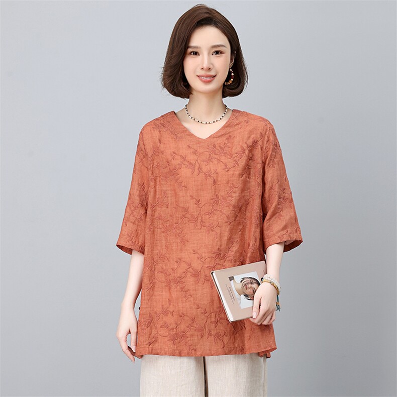 显瘦亚麻中长宽松中年妈妈女装2025新款t恤夏季短袖打底上衣棉麻,女装衬衫,独衣靓