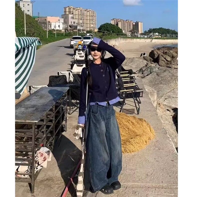 美式高街弯刀阔腿直筒牛仔裤男女小众宽松潮牌痞帅炸街裤子,男装牛仔裤,星座506A