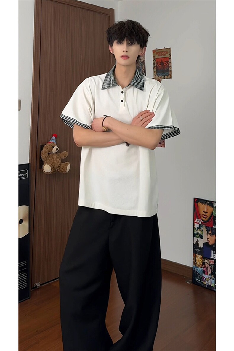 经典情侣同款时尚百搭复古格纹拼接休闲潮流POLO衫HY732P45控68,男装Polo衫,电商A102B