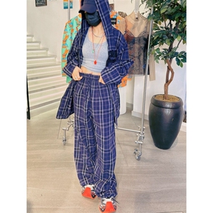 复古格子阔腿裤女2025年秋季新款高腰显瘦宽松垂坠感直筒长裤子图片