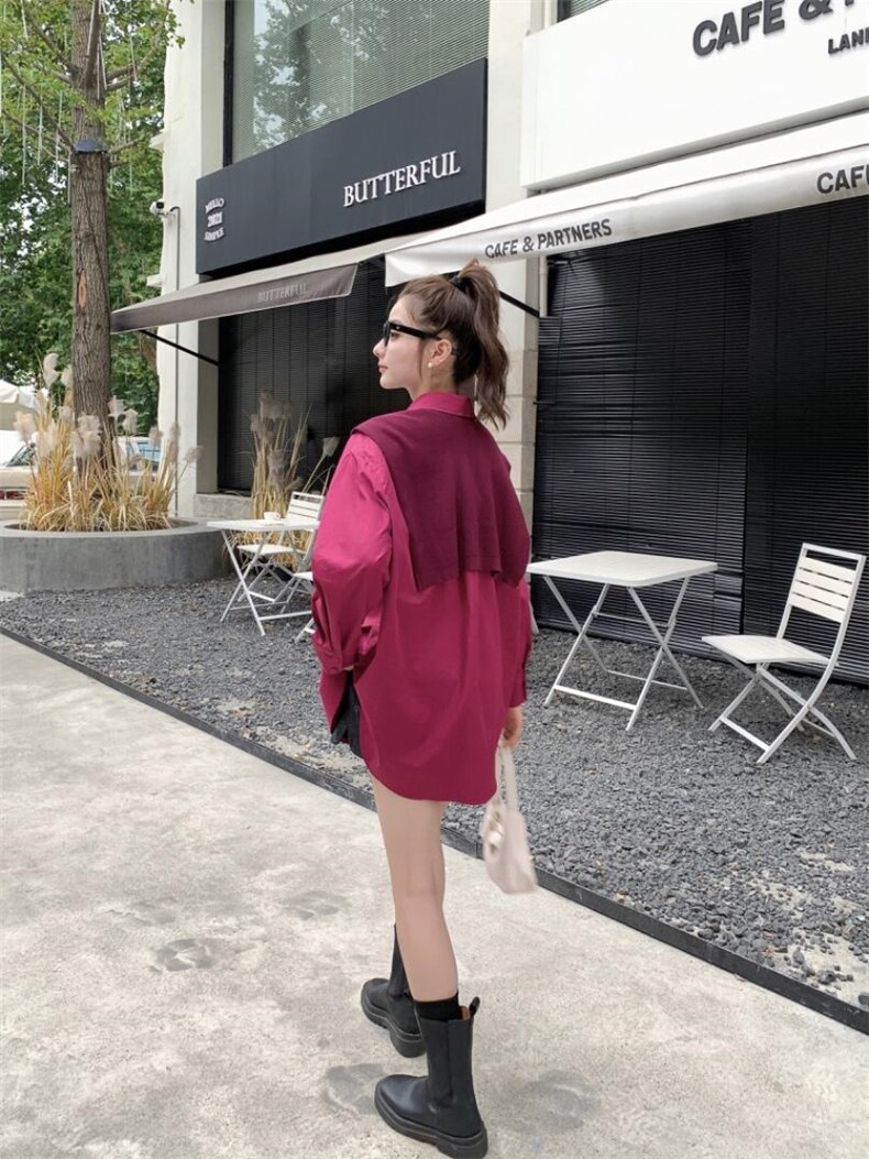 秋季披肩衬衫，女装衬衫，吉之红