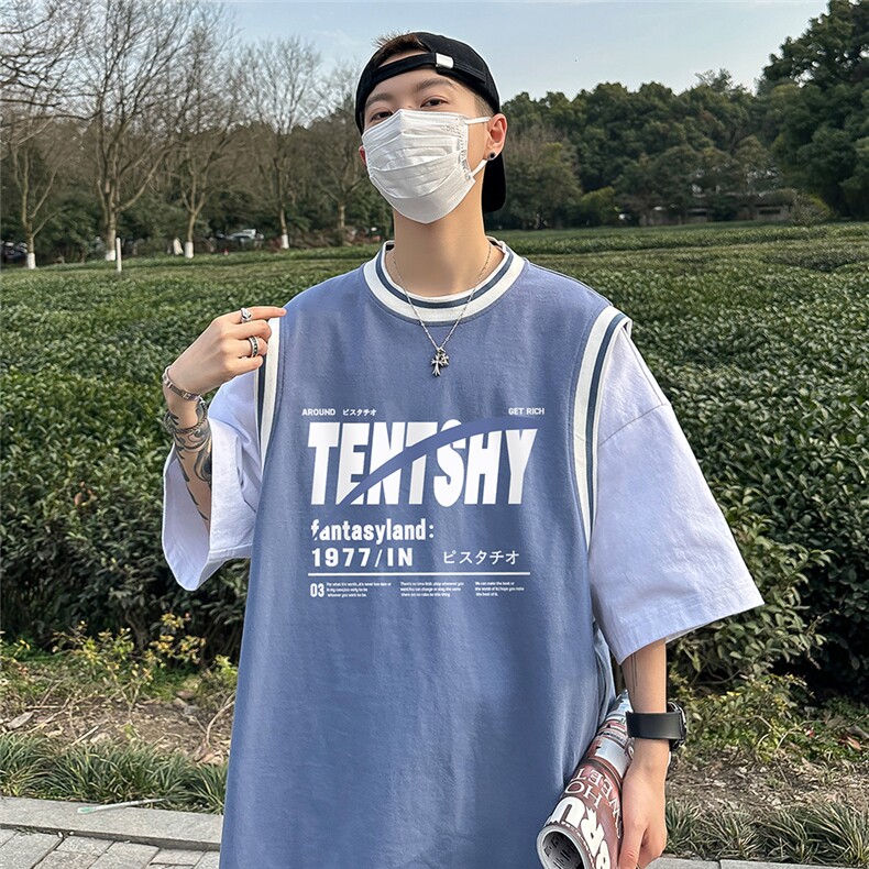 港风23新款夏季假两件字母印花百搭潮流100棉短袖T恤T6616P40控58,男装T恤,电商A268A