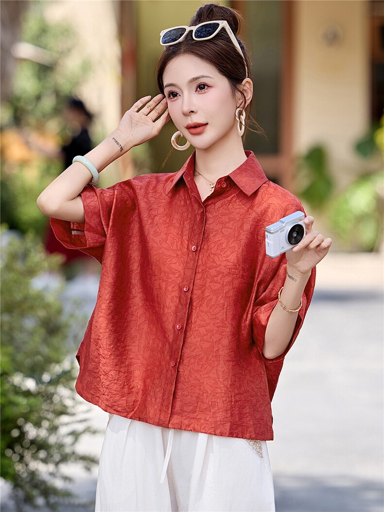 长期有货2026夏季新款提花衬衫女中老年妈妈装宽松天丝T恤上衣潮,女装衬衫,璐依舞
