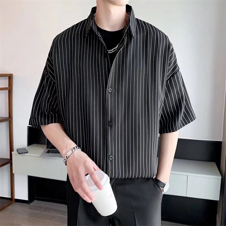 夏季薄款痞帅衬衫男短袖港风日系休闲宽松条纹衬衣男SC27P35图片