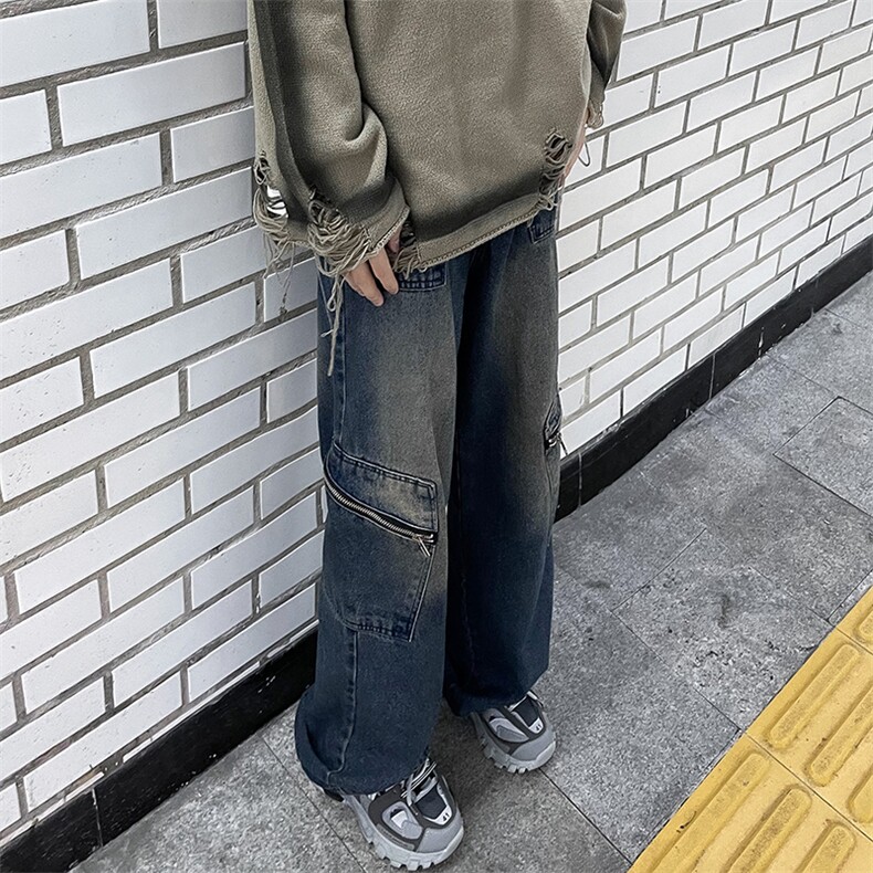 新款潮牌高街美式春秋季工装裤宽松休闲直筒牛仔裤,男装牛仔裤,星座410-6（原星座1304-1）