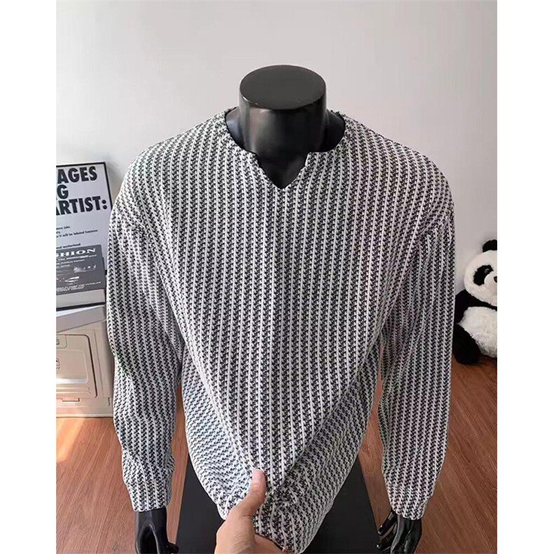 美式高街千鸟格子长袖T恤男女亨利V领英伦雅痞休闲宽松长袖打底衫，男装T恤，电商A443